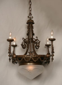 Vintage Chandelier with Victorian Ribbons, Cast Bouquets and Glass Bowl, c. 1930