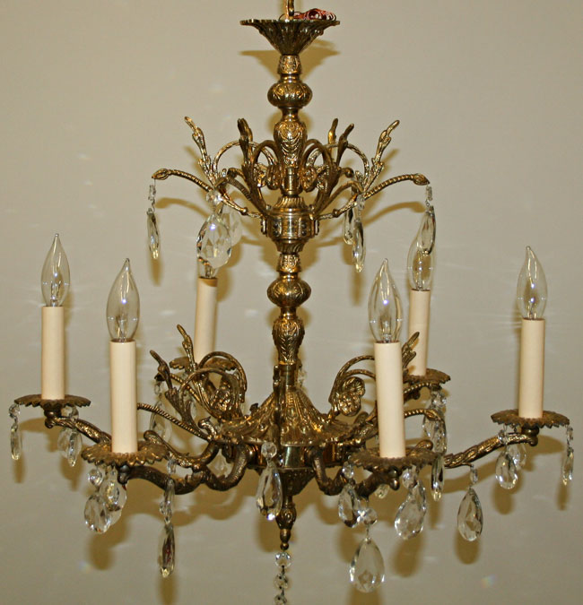 Six Light European Ornate Brass Chandelier w/ Crystal, c 1960